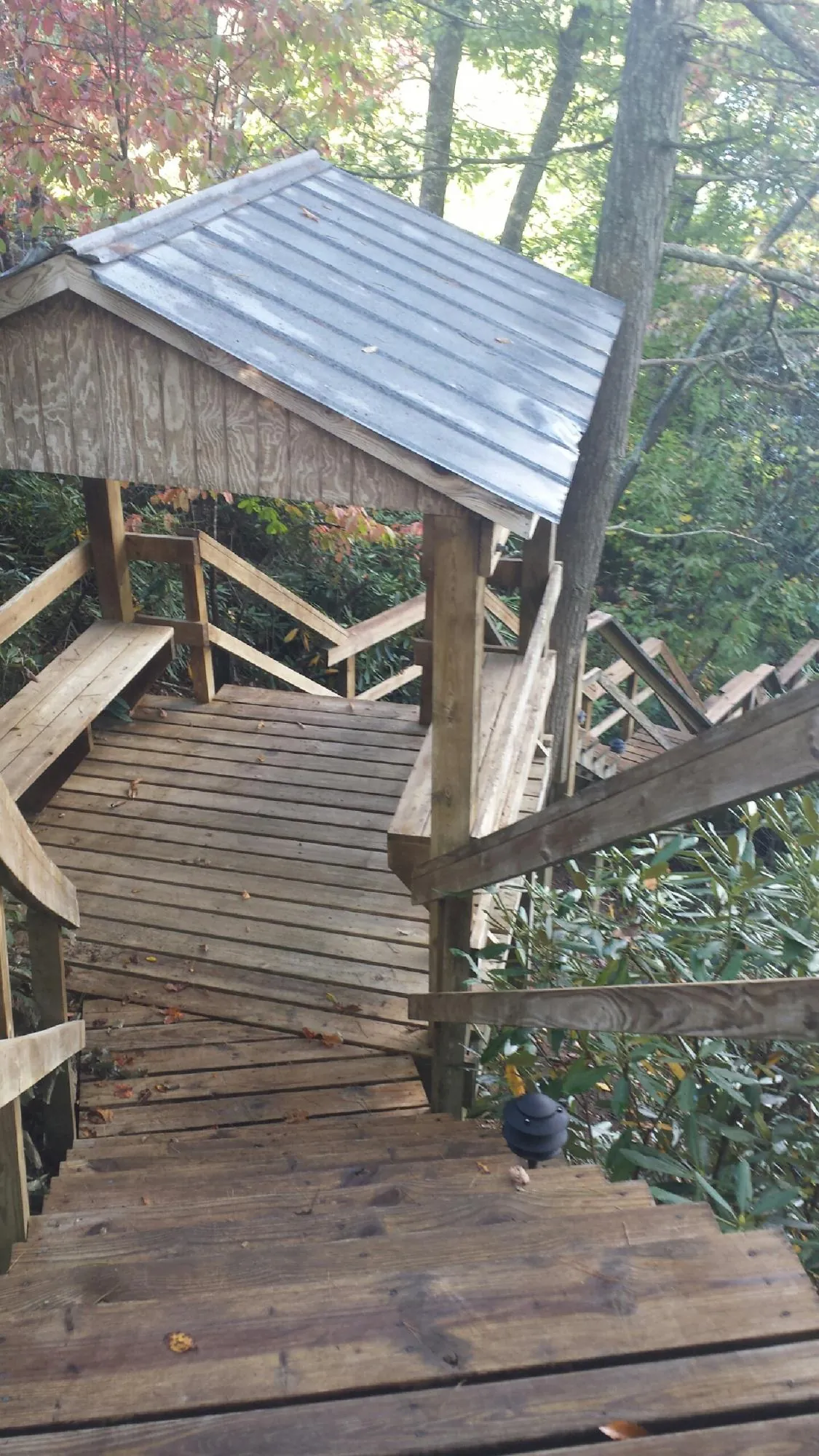 Metal roofed shelter over wooden steps on a wooded walkway — Skylight Repair & Installation work by our crew in Blue Ridge